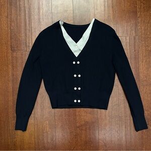 Unspoken Women's Dark Navy Layered V-Neck Sweater with Button Detail, Size Sm